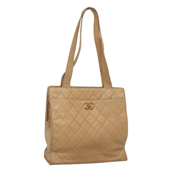 CHANEL Matelasse Shoulder Bag Lamb Skin Beige Gold CC Auth bs23120 - Picture 1 of 16